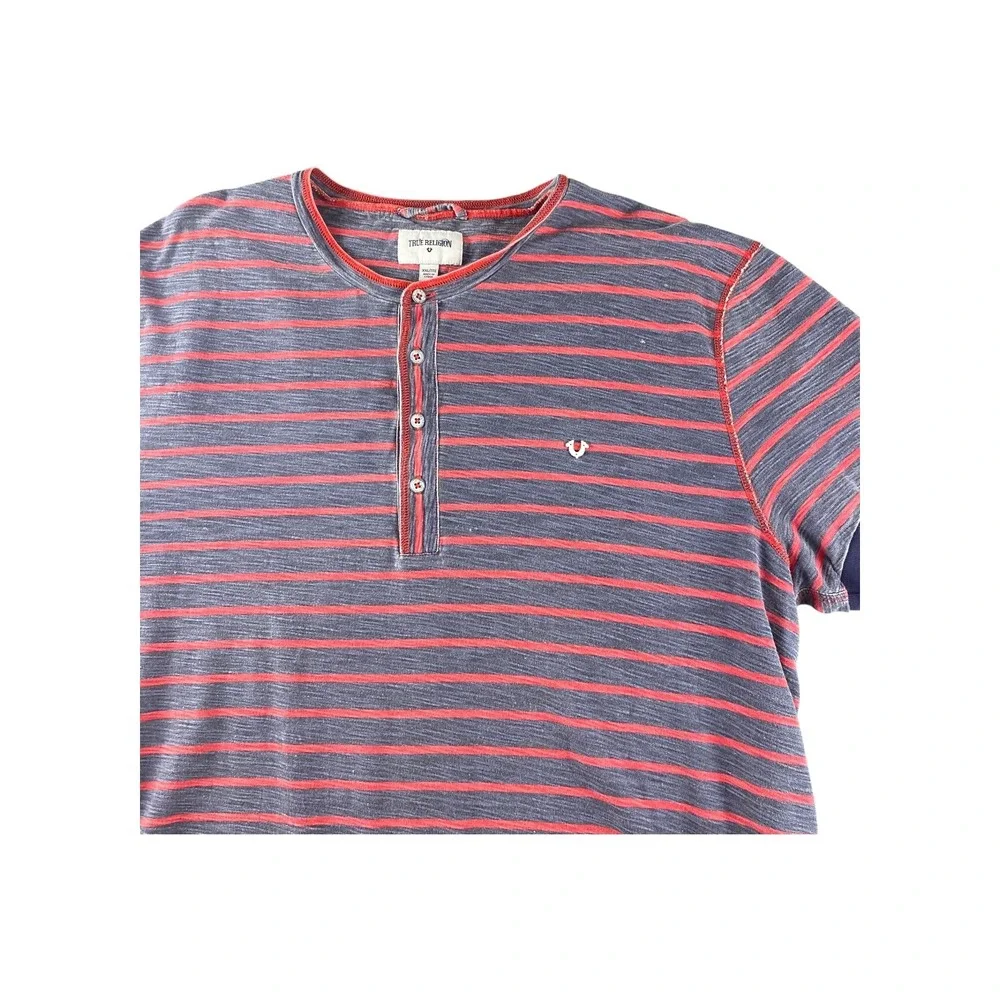 True Religion Henley T Shirt Striped Red Blue Short Sleeve Men‎ XXL